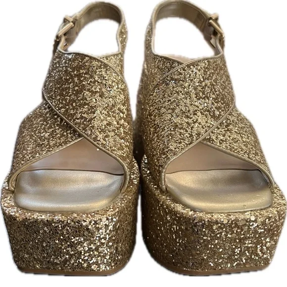 Gianni Bini NWOT GB Gold Glitter Platform Sandals Size 8 Retro Disco Heels - Picture 5 of 8